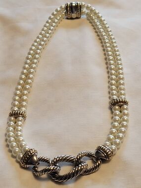 Immitation Pearl Double-Strand Necklace with Silver Accent